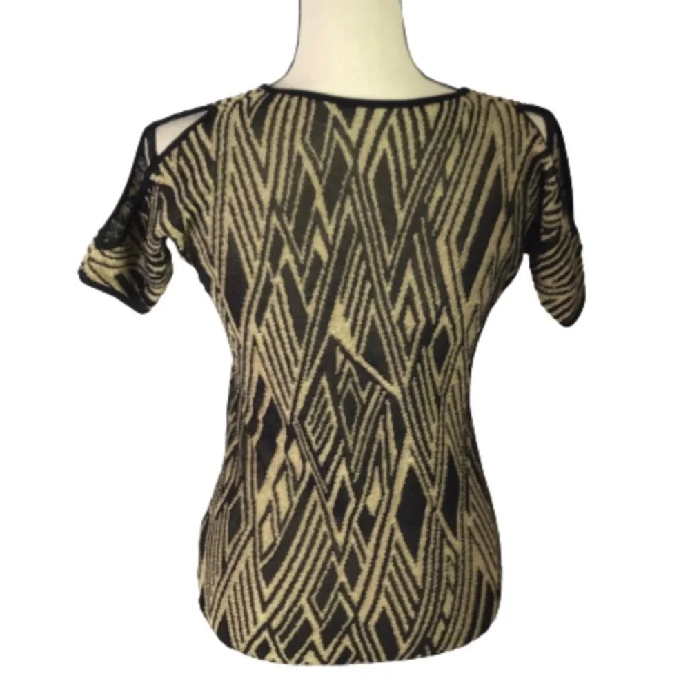 LAUREN Ralph Lauren Gold Black Metallic Cold Shoulder Short Sleeve Sweater XS